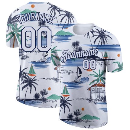 Custom Hawaii Palm Trees Sailboat Performance T-Shirt with Personalized Name and Number - White Navy 3D Pattern Design Personalized