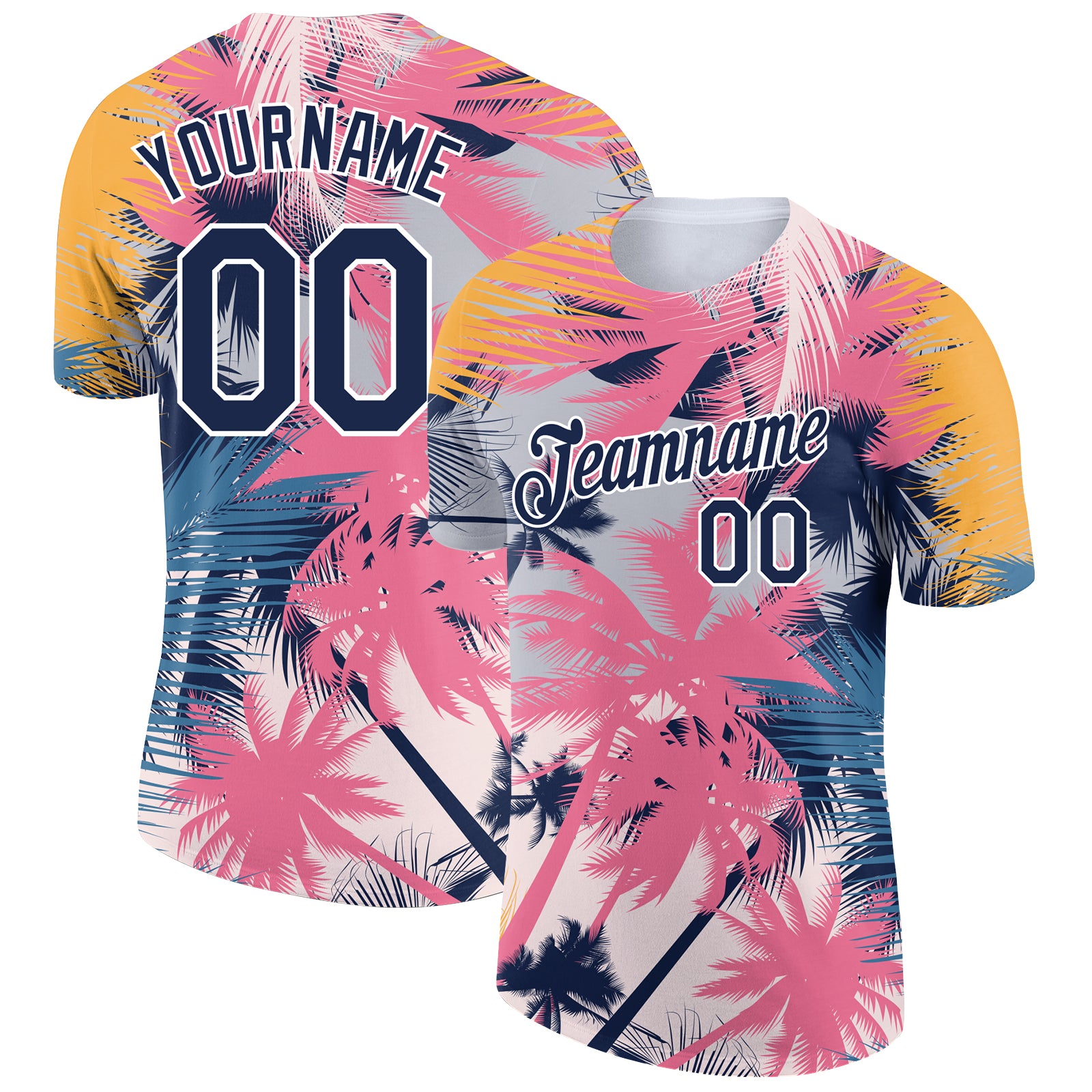 Customizable 3D Hawaii Palm Trees Performance T-Shirt with Team Name and Number - Personalized White Navy Design Personalized