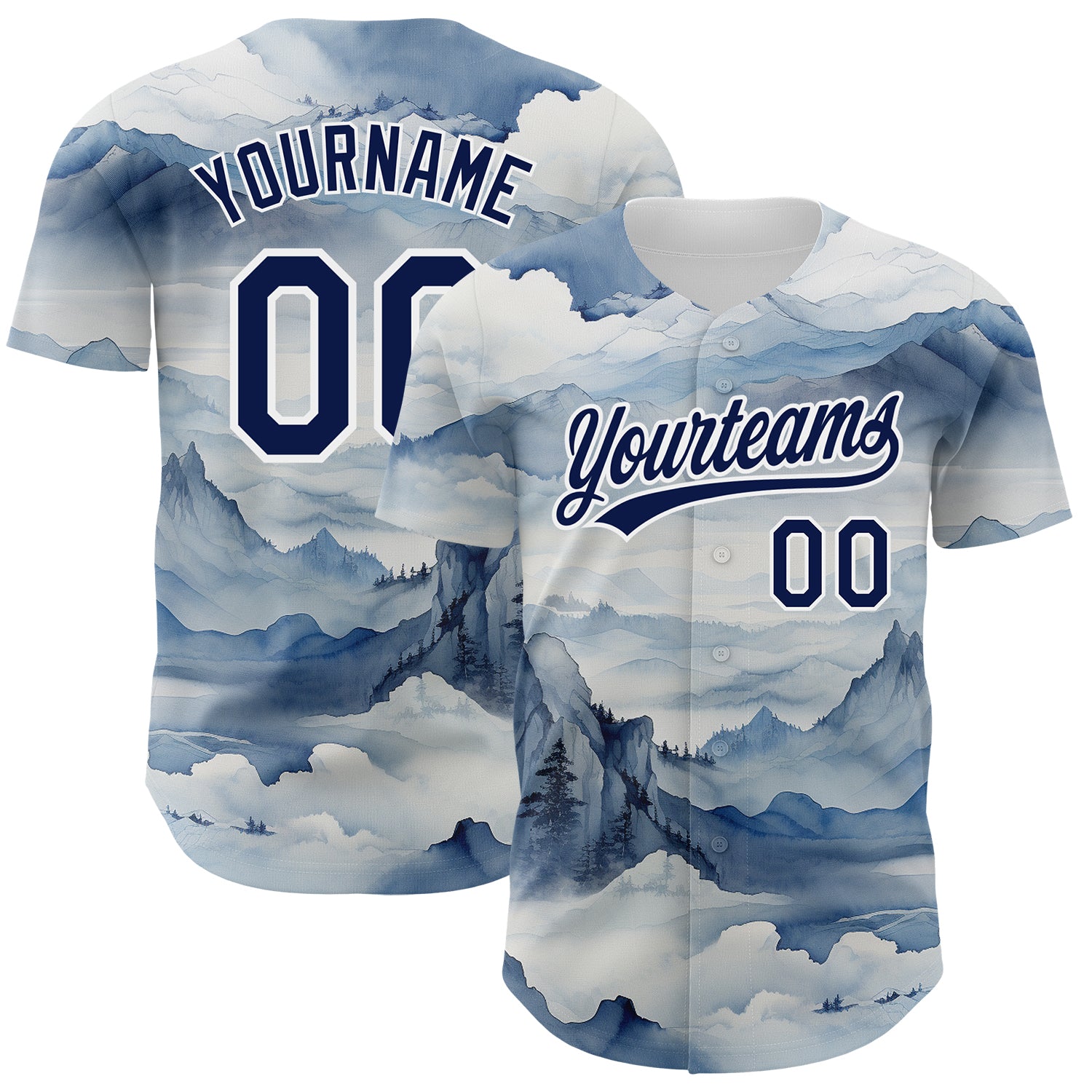 Customizable Mountains Landscape Baseball Jersey with Personalized Name and Number, White Navy 3D Pattern Design Personalized