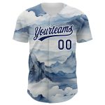 Customizable Mountains Landscape Baseball Jersey with Personalized Name and Number, White Navy 3D Pattern Design Personalized