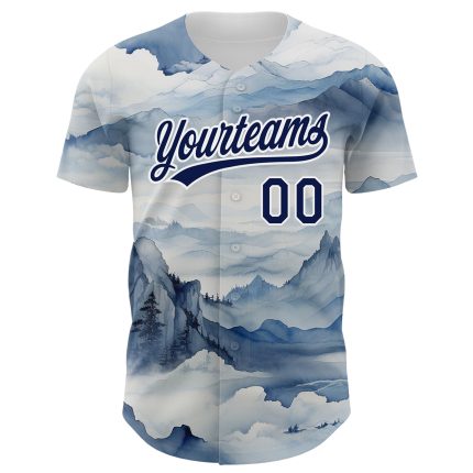 Customizable Mountains Landscape Baseball Jersey with Personalized Name and Number, White Navy 3D Pattern Design Personalized