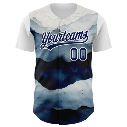 Personalized Watercolor Mountains 3D Pattern White Navy Baseball Jersey Personalized White Navy 3D Pattern Design Watercolor