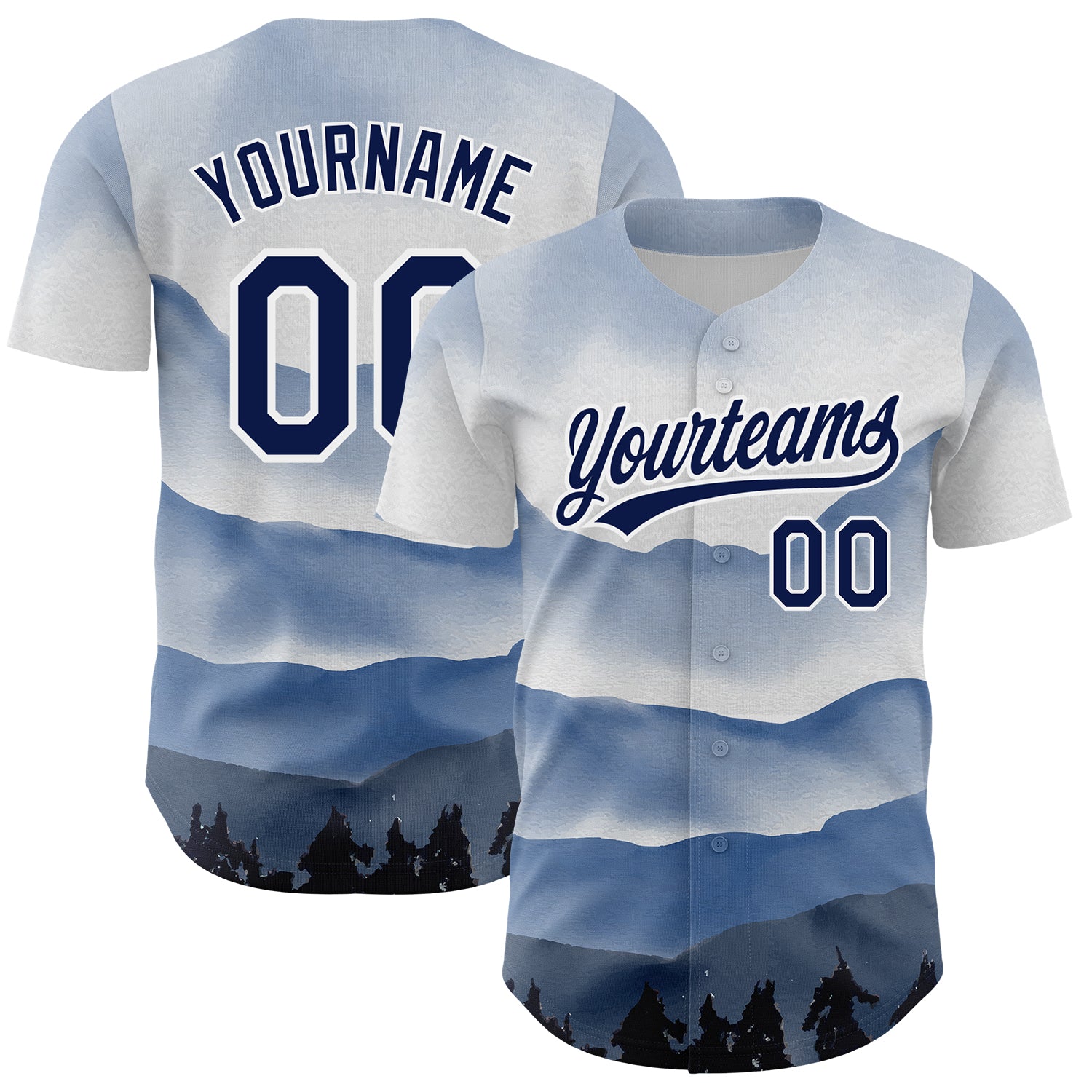 Custom Name Number Personalized Watercolor Mountains Baseball Jersey - White Navy 3D Pattern Design Personalized White Navy