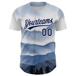 Custom Name Number Personalized Watercolor Mountains Baseball Jersey - White Navy 3D Pattern Design Personalized White Navy