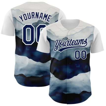 Personalized Watercolor Mountains 3D Pattern White Navy Baseball Jersey Personalized White Navy 3D Pattern Design Watercolor