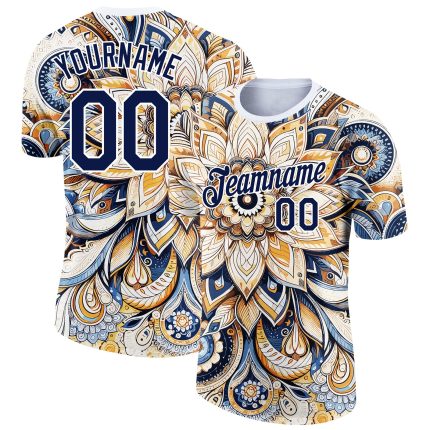 Custom Name Number Floral Performance T-Shirt - Personalized White Navy 3D Pattern Design Personalized White Navy 3D Pattern