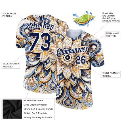 Custom Name Number Floral Performance T-Shirt - Personalized White Navy 3D Pattern Design Personalized White Navy 3D Pattern