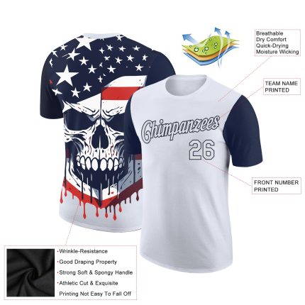 Personalized 3D Skull American Flag Performance T-Shirt with Custom Name & Number - White Navy Team Shirt Personalized White