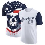 Personalized 3D Skull American Flag Performance T-Shirt with Custom Name & Number - White Navy Team Shirt Personalized White