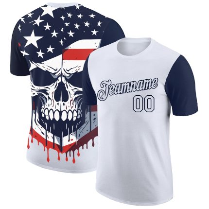 Personalized 3D Skull American Flag Performance T-Shirt with Custom Name & Number - White Navy Team Shirt Personalized White