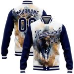 Personalized Navy White Bull 3D Pattern Bomber Varsity Letterman Jacket with Custom Name and Number Personalized White Navy