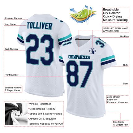 Custom Name and Number Personalized Authentic Football Jersey in White Navy-Aqua Mesh Personalized White Navy-Aqua Mesh Authentic