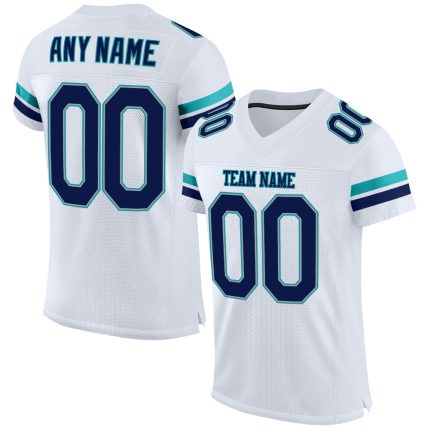Custom Name and Number Personalized Authentic Football Jersey in White Navy-Aqua Mesh Personalized White Navy-Aqua Mesh Authentic