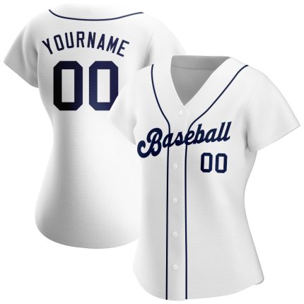 Personalized Authentic Baseball Jersey in White and Navy - Custom Team Apparel Personalized White Navy Authentic Baseball