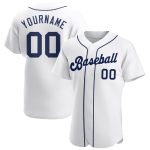 Personalized Authentic Baseball Jersey in White and Navy - Custom Team Apparel Personalized White Navy Authentic Baseball