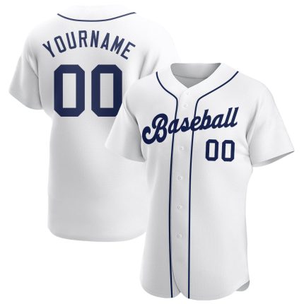 Personalized Authentic Baseball Jersey in White and Navy - Custom Team Apparel Personalized White Navy Authentic Baseball