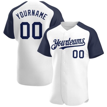 Custom Name and Number Baseball Jersey - Personalized White and Navy Authentic Raglan Sleeves Personalized White Navy Authentic