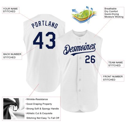 Personalized Authentic Baseball Jersey in White and Navy, Sleeveless Design Personalized White Navy Authentic Sleeveless