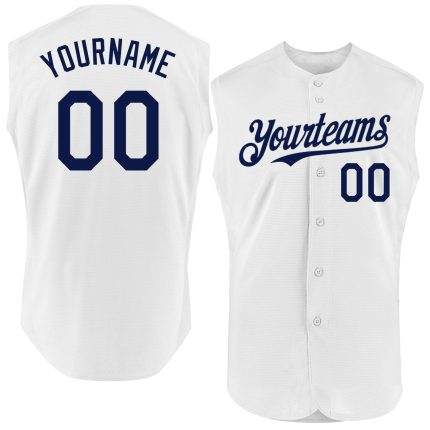 Personalized Authentic Baseball Jersey in White and Navy, Sleeveless Design Personalized White Navy Authentic Sleeveless