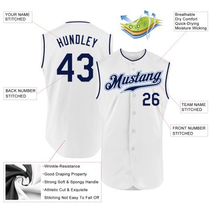 Custom Personalized Baseball Jersey with Name and Number - White Navy Sleeveless Authentic Design Personalized White Navy