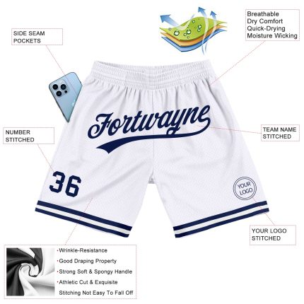 Custom Name Number Basketball Shorts - Personalized White Navy Authentic Throwback Design Personalized White Navy Authentic