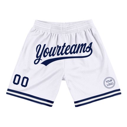 Custom Name Number Basketball Shorts - Personalized White Navy Authentic Throwback Design Personalized White Navy Authentic
