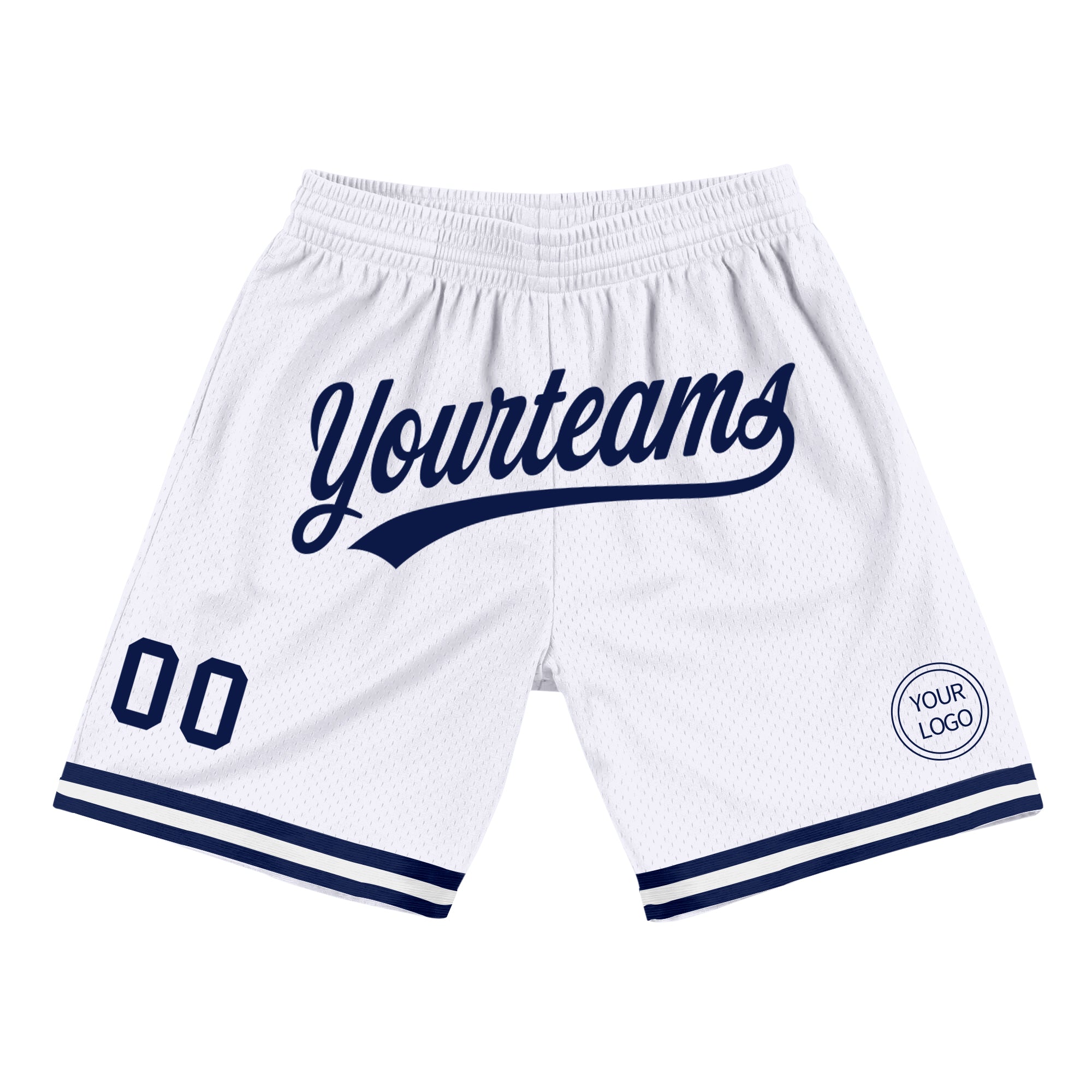 Custom Name Number Basketball Shorts - Personalized White Navy Authentic Throwback Design Personalized White Navy Authentic