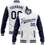 Custom Name Number Bomber Jacket Two Tone White Navy Full-Snap Varsity Letterman Personalized Team Apparel Personalized White