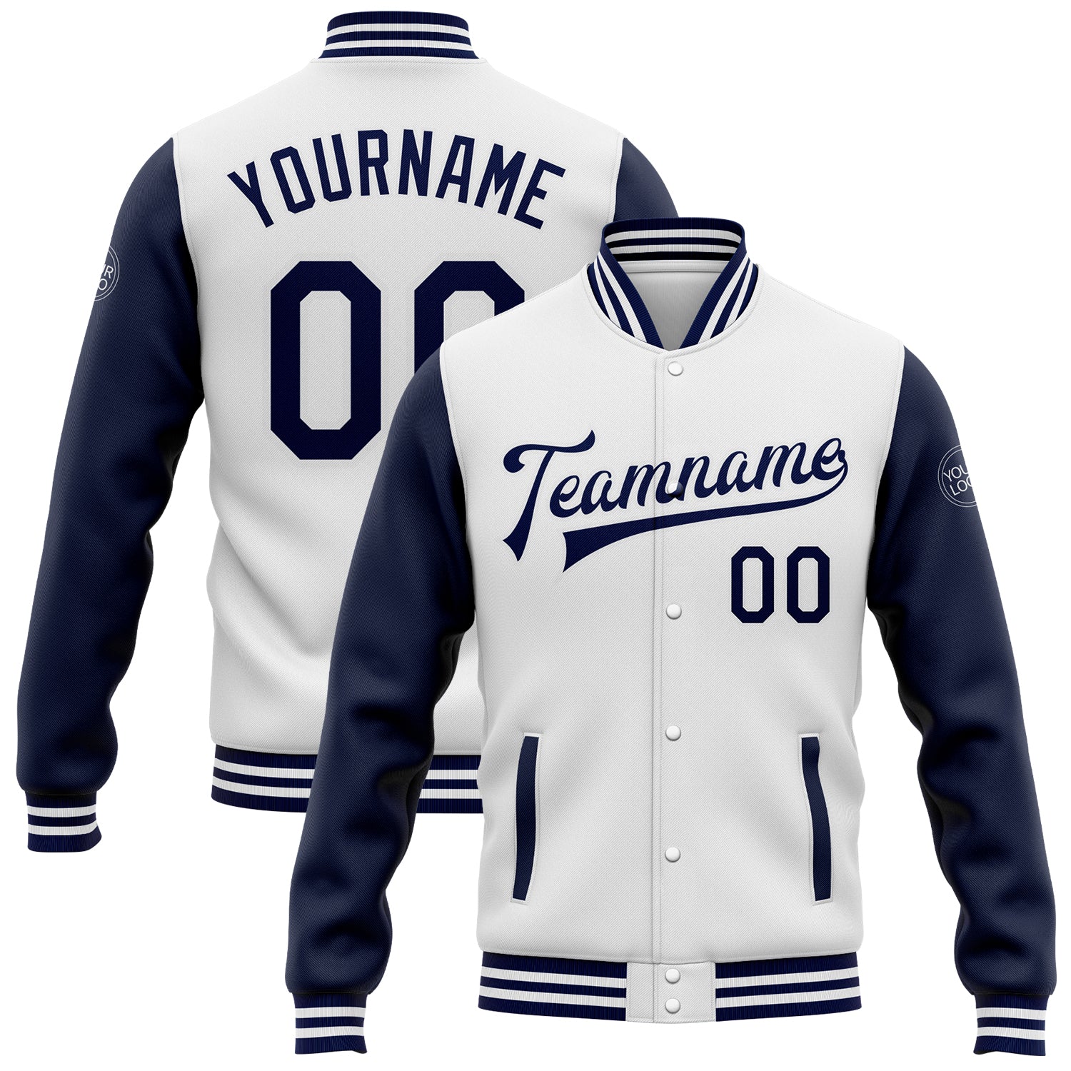 Custom Name Number Bomber Jacket Two Tone White Navy Full-Snap Varsity Letterman Personalized Team Apparel Personalized White