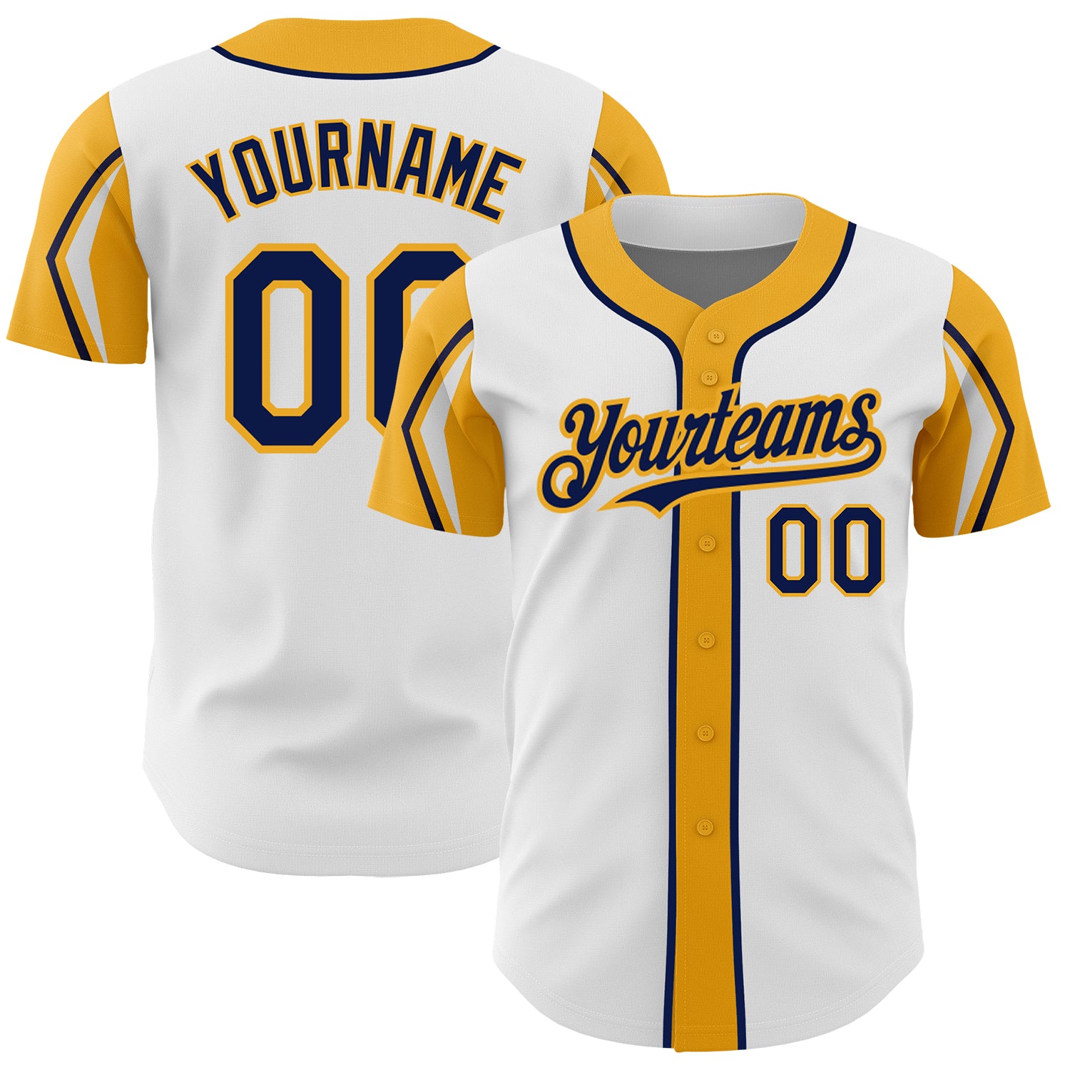 Custom Name and Number Baseball Jersey in White, Navy, Gold - Authentic 3 Colors Arm Shapes Personalized White Navy-Gold