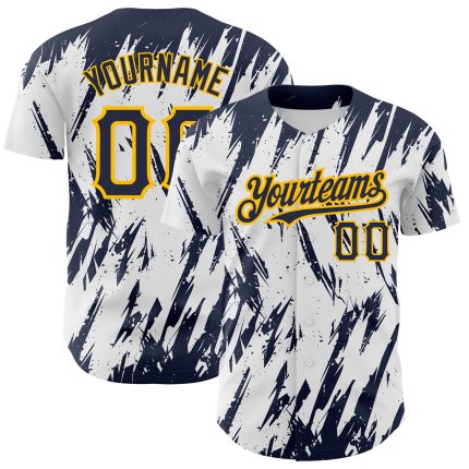 Custom Name and Number Authentic Baseball Jersey 3D Pattern Design White Navy Gold Sharp Shape Personalized White Navy-Gold