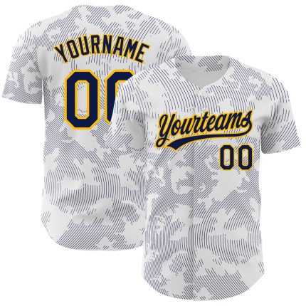 Personalized Navy Gold 3D Pattern Baseball Jersey with Custom Name and Number - Authentic Team Apparel Personalized White