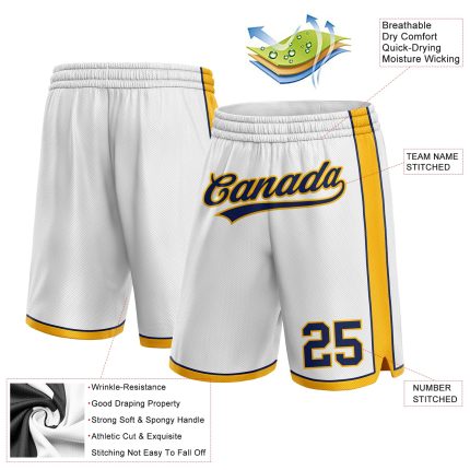 Custom Personalized Basketball Shorts with Name and Number - White Navy Gold Authentic Design Personalized White Navy-Gold