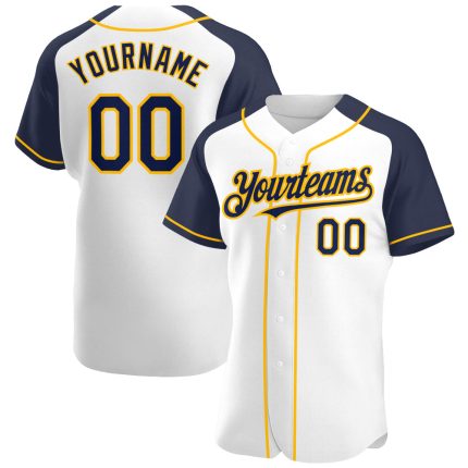 Custom Personalized Baseball Jersey - White Navy Gold Authentic Raglan Sleeves with Your Name and Number Personalized White
