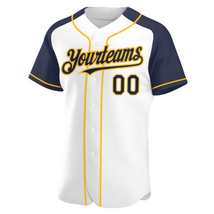 Custom Personalized Baseball Jersey - White Navy Gold Authentic Raglan Sleeves with Your Name and Number Personalized White