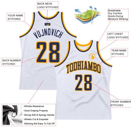 Custom Name Number Personalized Throwback Basketball Jersey - White Navy Gold Team Authentic Personalized White Navy-Gold