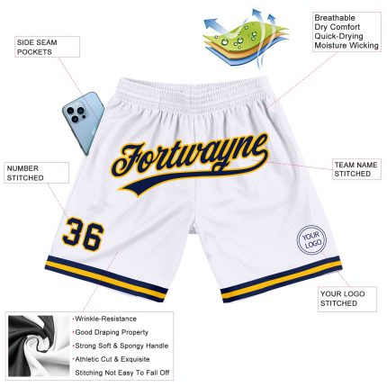 Personalized Authentic Throwback Basketball Shorts in White Navy Gold Personalized White Navy-Gold Authentic Throwback Basketball