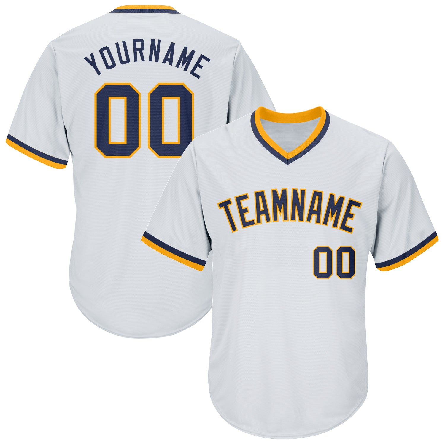 Custom Personalized Baseball Jersey Shirt - White Navy Gold Rib-Knit, Authentic Throwback, Custom Name & Number Personalized