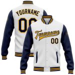 Personalized Navy Gold Two Tone Varsity Letterman Bomber Jacket - Full-Snap Stylish Outerwear Personalized White Navy-Gold