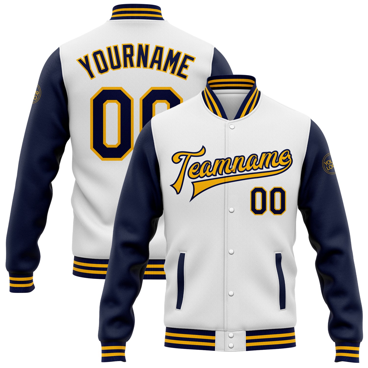 Personalized Navy Gold Two Tone Varsity Letterman Bomber Jacket - Full-Snap Stylish Outerwear Personalized White Navy-Gold