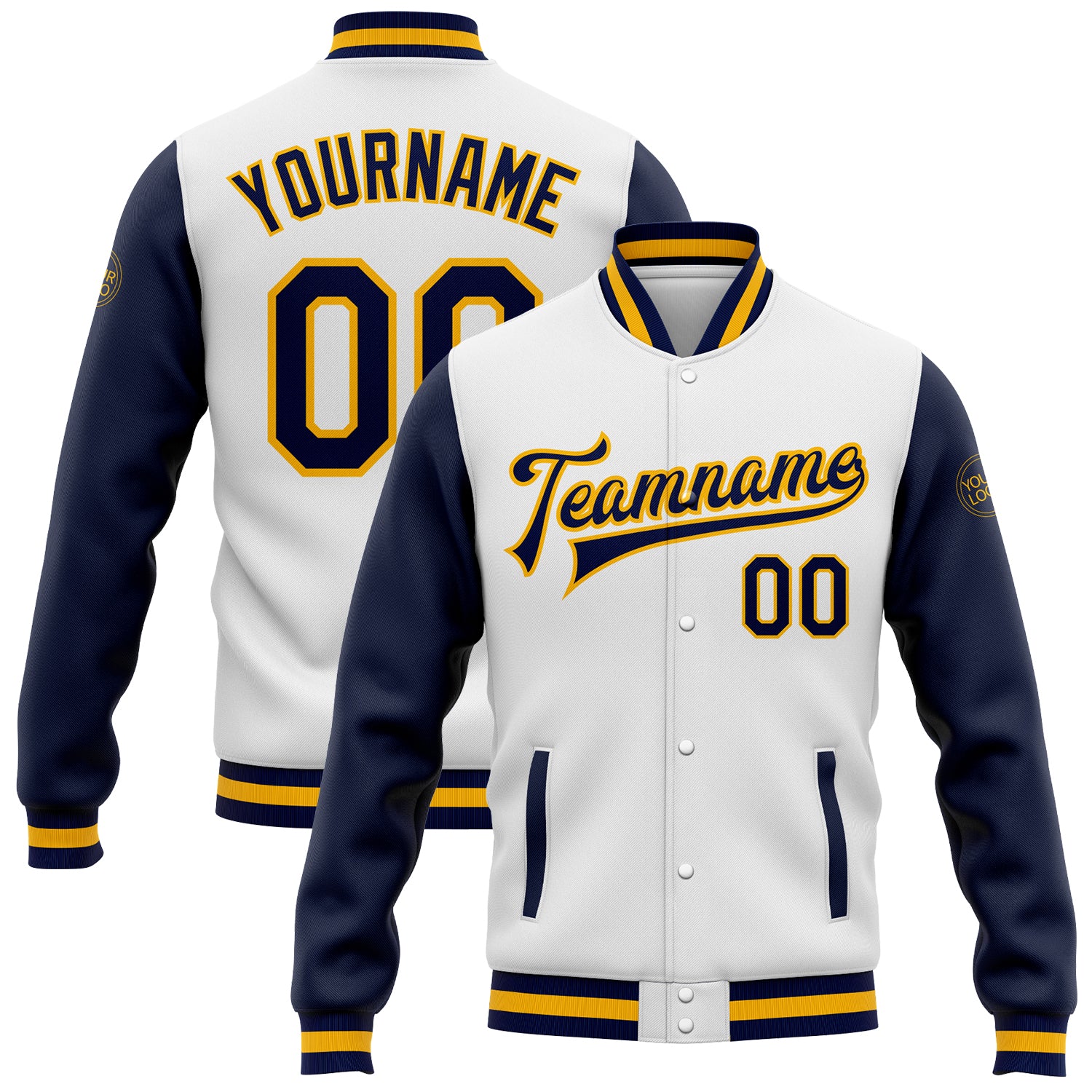 Custom Personalized Two-Tone Varsity Letterman Jacket White Navy-Gold with Name and Number Full-Snap Design Personalized