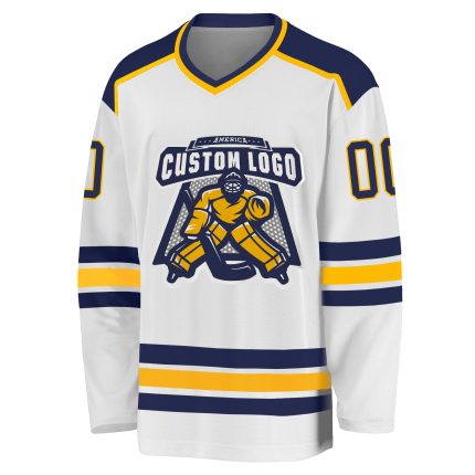 Personalized Navy Gold White Hockey Jersey for Men and Women - Custom Team Apparel Personalized White Navy-Gold Hockey Jersey