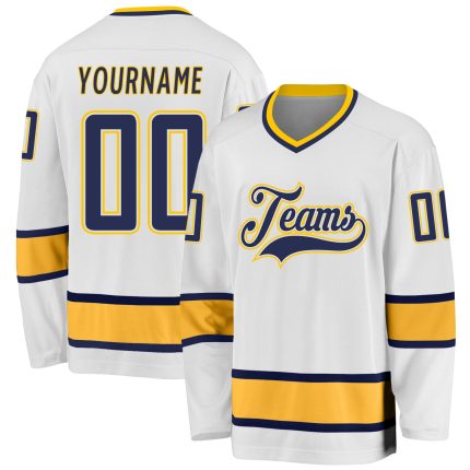 Custom Name Number Hockey Jersey - Personalized White Navy-Gold Team Jersey Personalized White Navy-Gold Hockey Jersey Team