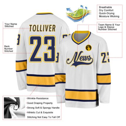 Custom Name Number Hockey Jersey - Personalized White Navy-Gold Team Jersey Personalized White Navy-Gold Hockey Jersey Team