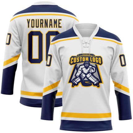 Custom Navy-Gold Hockey Jersey with Personalized Lace Neck, Name & Number - Team Apparel Personalized White Navy-Gold Hockey