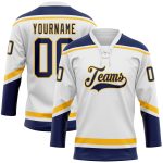 Custom Navy-Gold Hockey Jersey with Personalized Lace Neck, Name & Number - Team Apparel Personalized White Navy-Gold Hockey