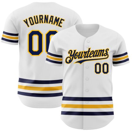Custom Name and Number Authentic Baseball Jersey - Personalized White Navy-Gold Line Design Personalized White Navy-Gold