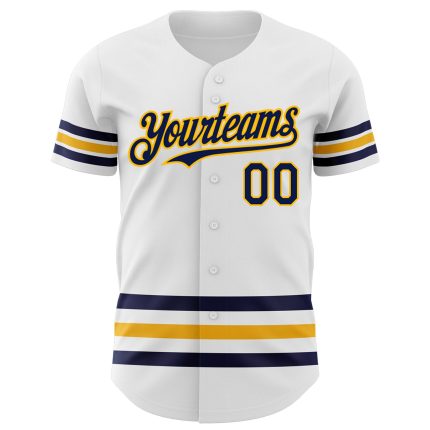 Custom Name and Number Authentic Baseball Jersey - Personalized White Navy-Gold Line Design Personalized White Navy-Gold