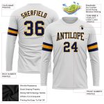 Custom Team Performance T-Shirt with Personalized Name and Number - White Navy-Gold Long Sleeve Shirt Personalized White
