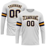 Custom Team Performance T-Shirt with Personalized Name and Number - White Navy-Gold Long Sleeve Shirt Personalized White